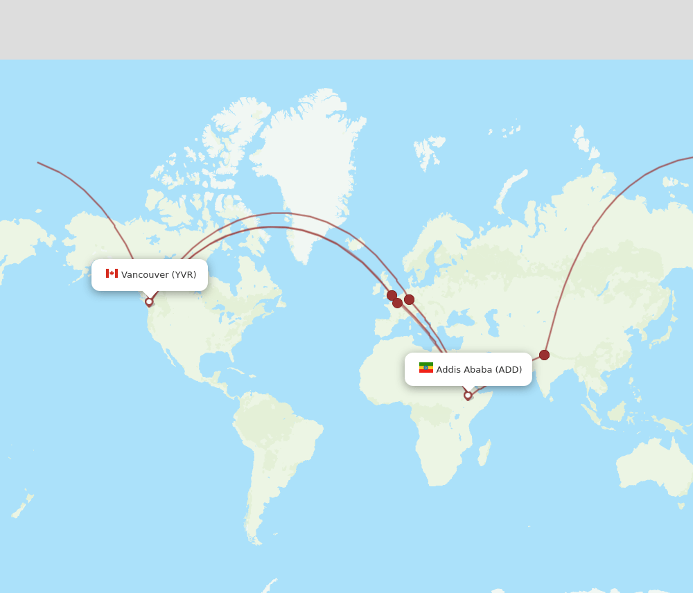 Vancouver - Addis Ababa route map and flight paths