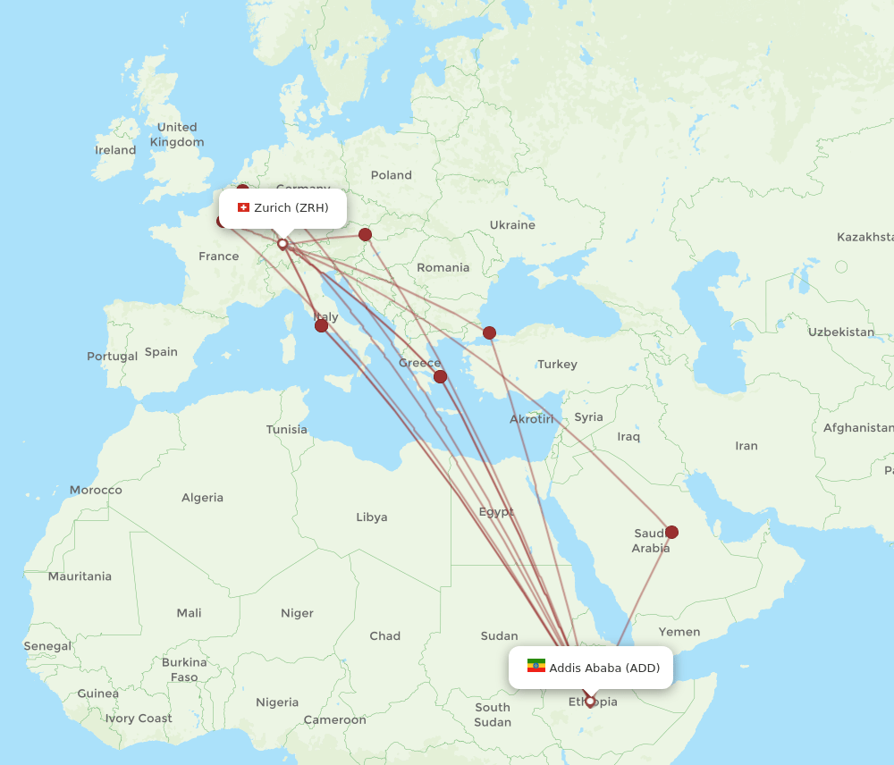 Zurich - Addis Ababa route map and flight paths