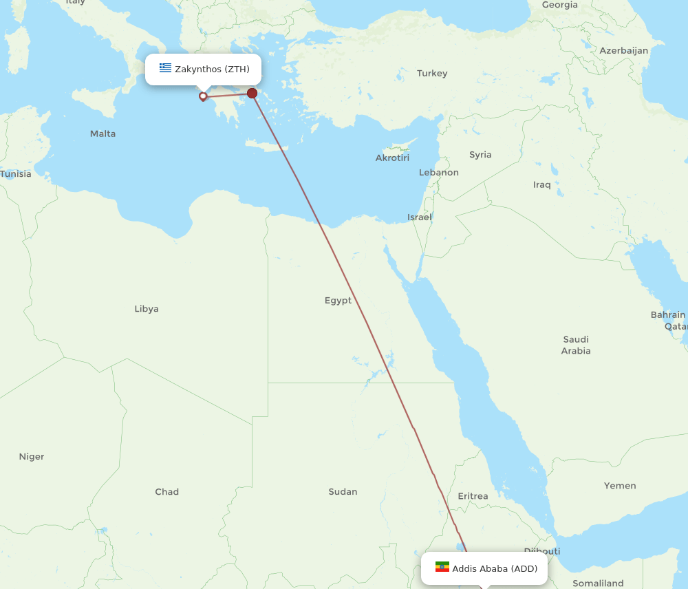 Zakinthos - Addis Ababa route map and flight paths