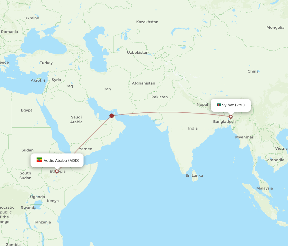 Sylhet - Addis Ababa route map and flight paths