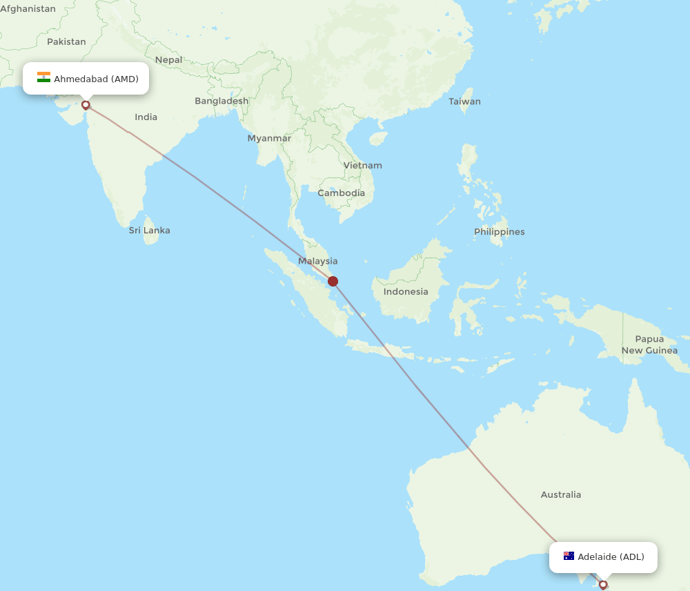 Ahmedabad - Adelaide route map and flight paths