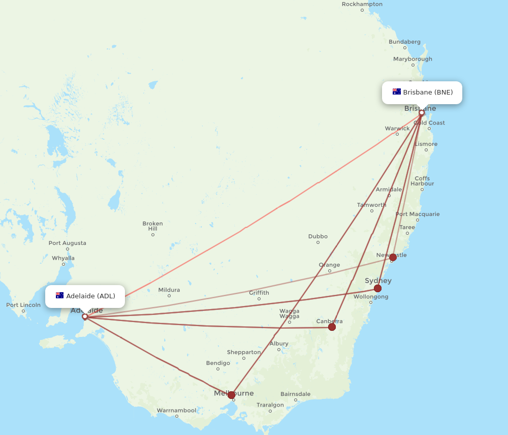 ADL to BNE flights and routes map