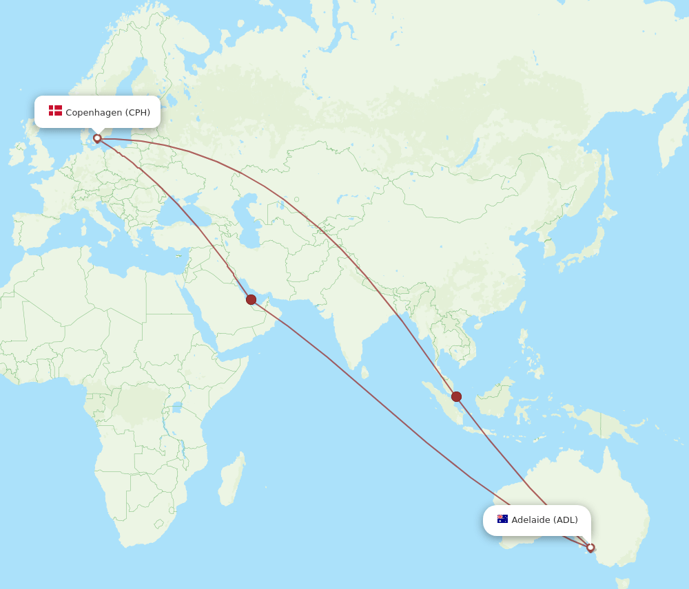 ADL to CPH flights and routes map