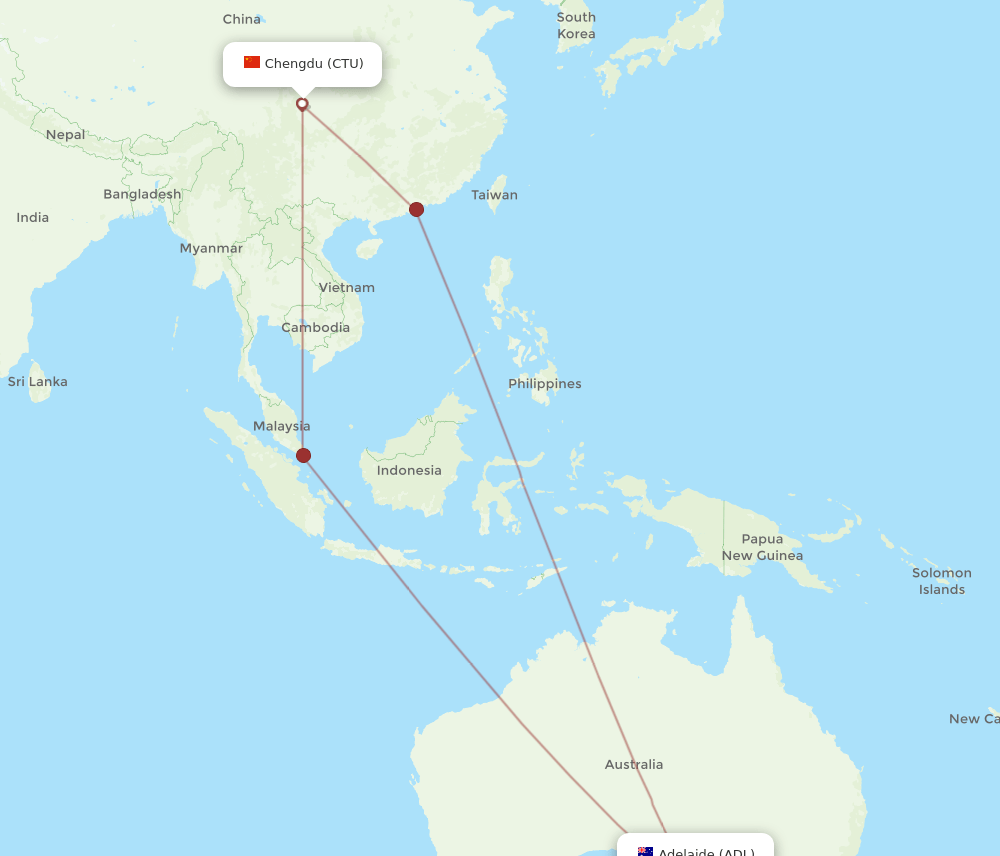Chengdu - Adelaide route map and flight paths