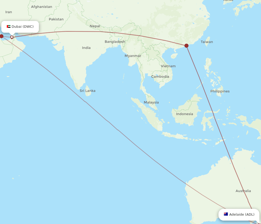 Adelaide - Dubai route map and flight paths
