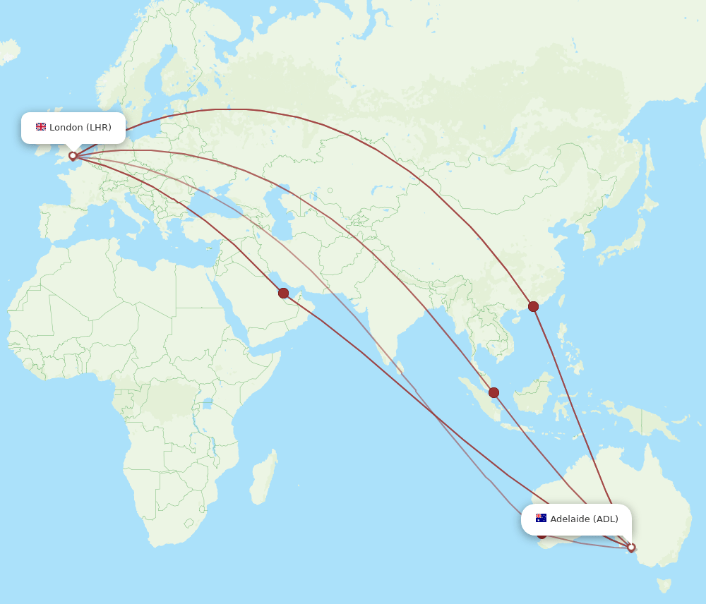 All flight routes from Adelaide to London, ADL to LHR Flight Routes