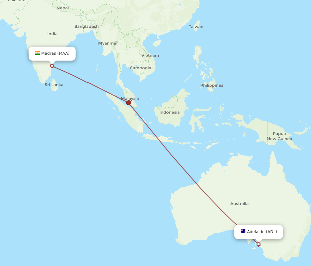 Adelaide - Chennai route map and flight paths
