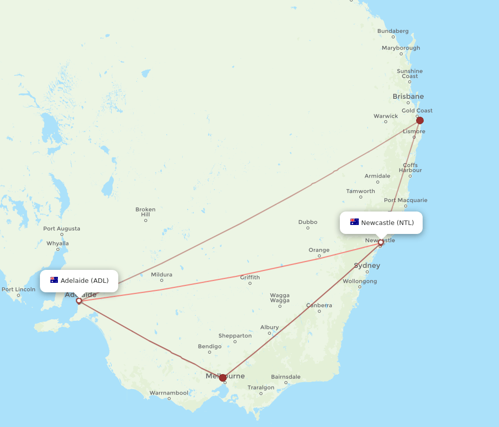 ADL to NTL flights and routes map