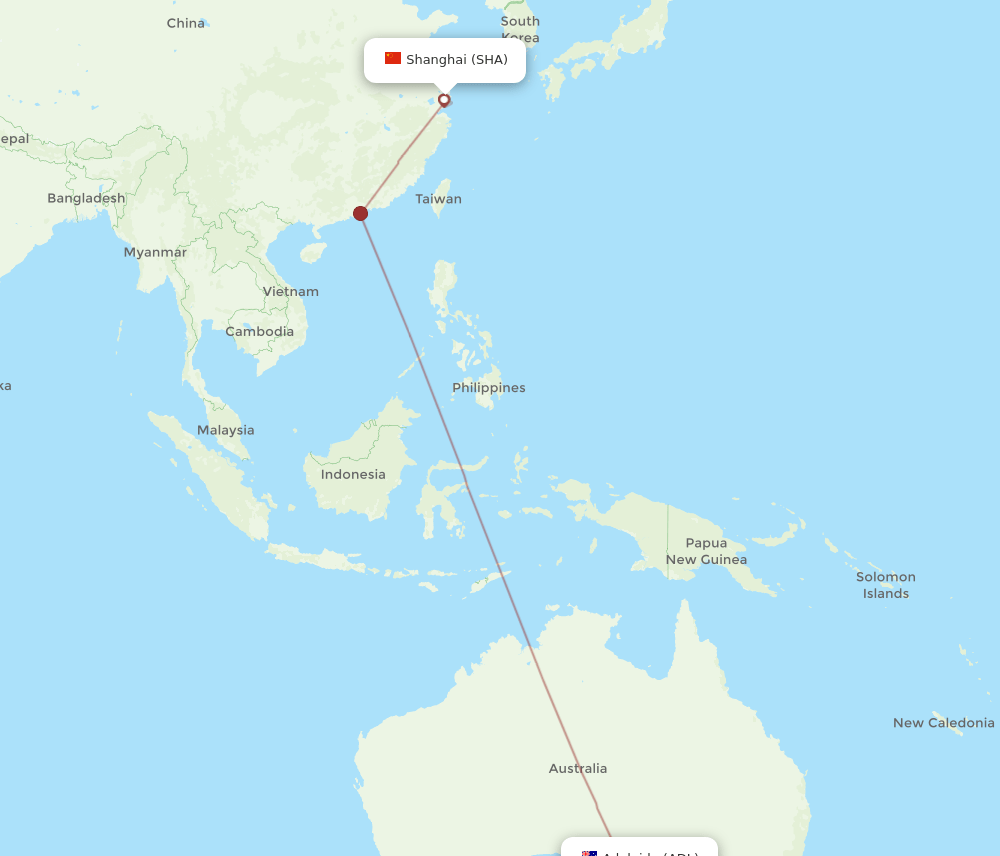 Shanghai - Adelaide route map and flight paths