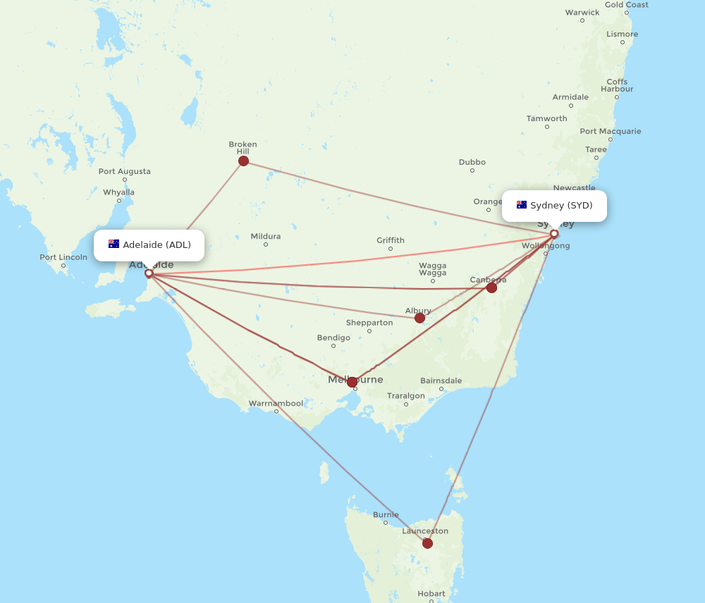 ADL to SYD flights and routes map