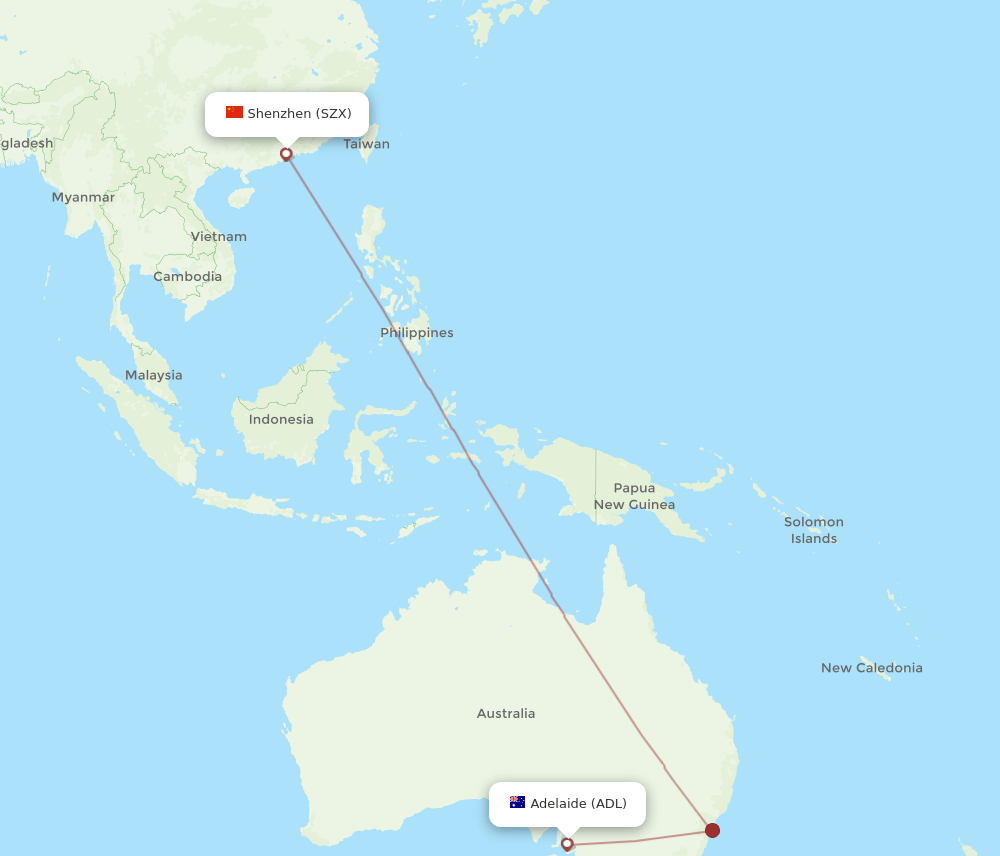Shenzhen - Adelaide route map and flight paths