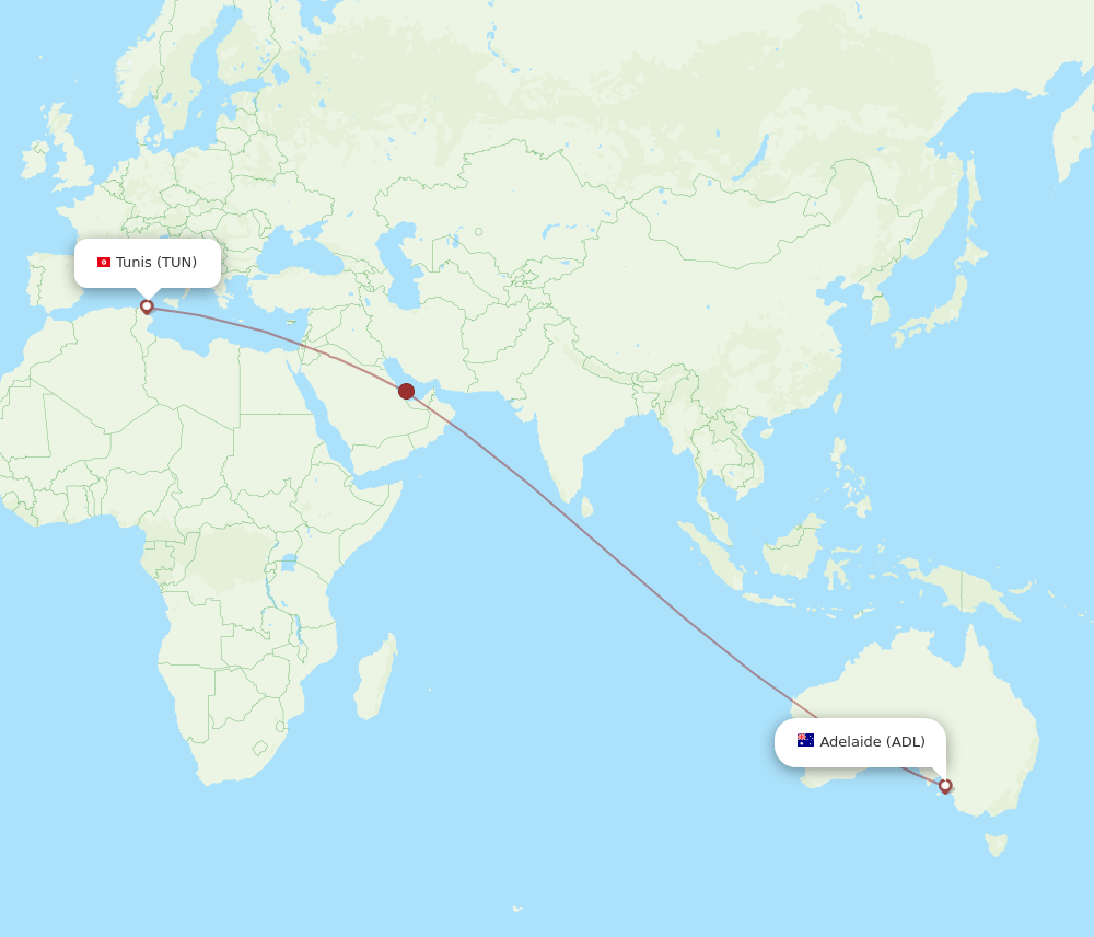 Tunis - Adelaide route map and flight paths