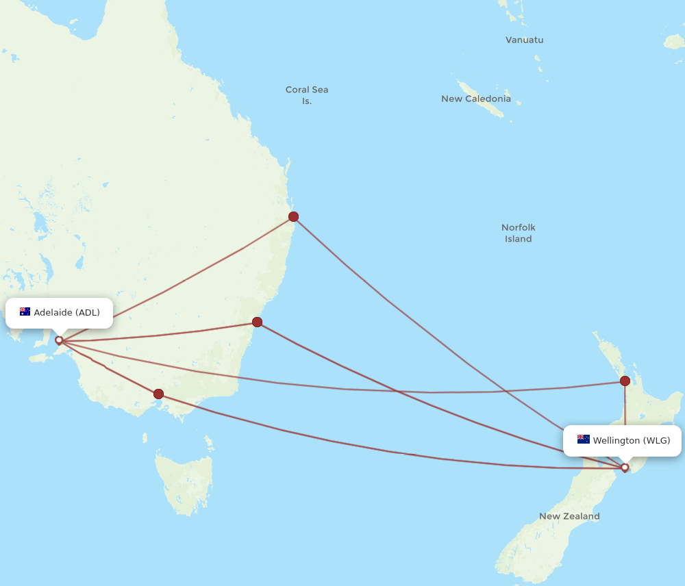 ADL to WLG flights and routes map