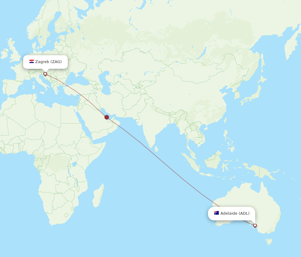 Zagreb - Adelaide route map and flight paths