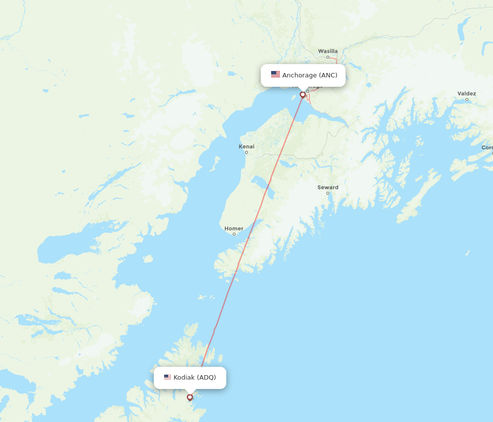 Kodiak - Anchorage route map and flight paths