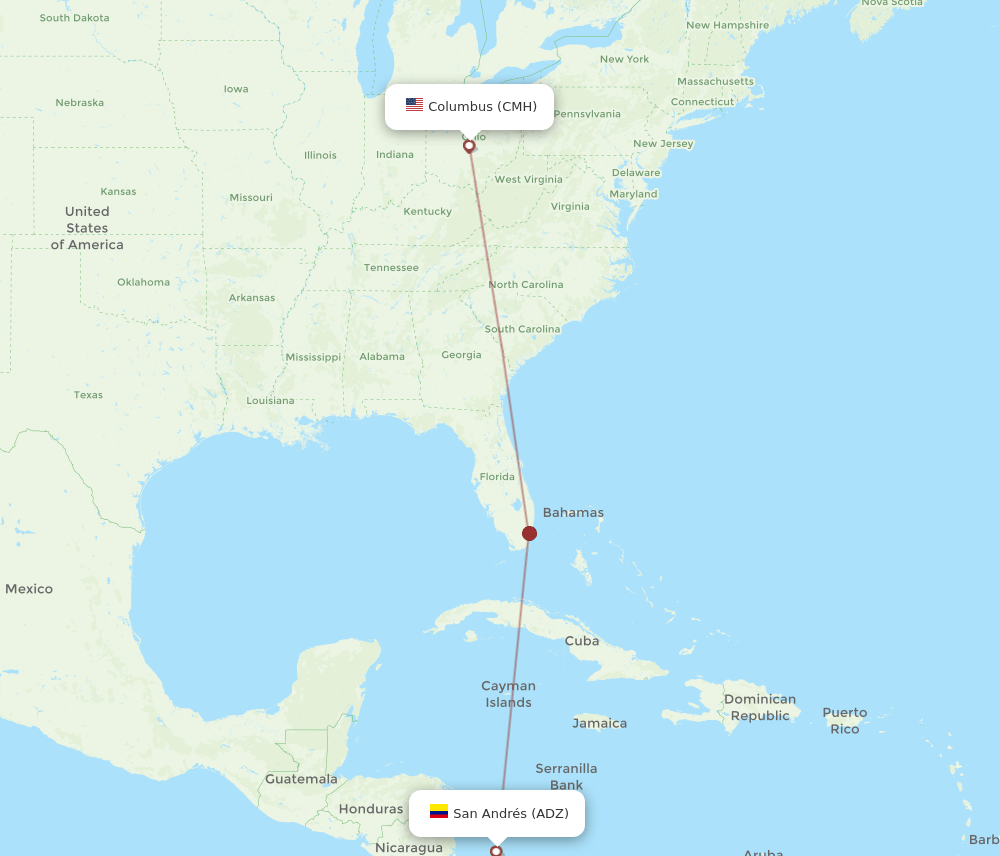 San Andres Island - Columbus route map and flight paths