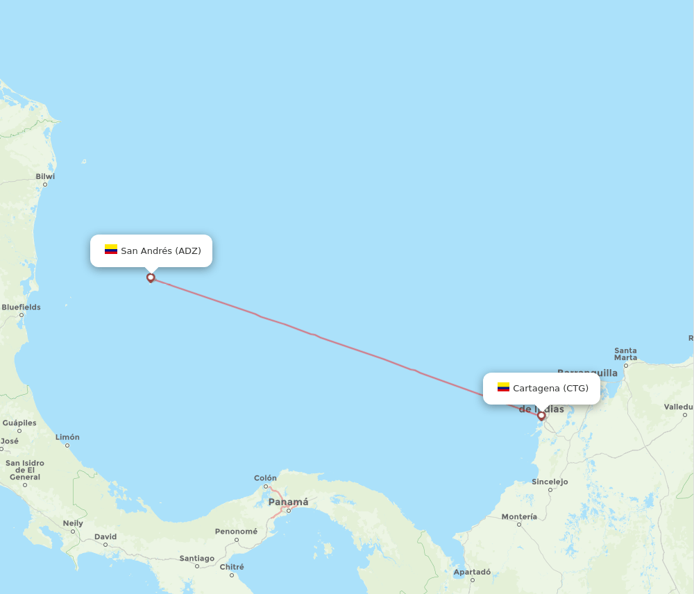 San Andres Island - Cartagena route map and flight paths