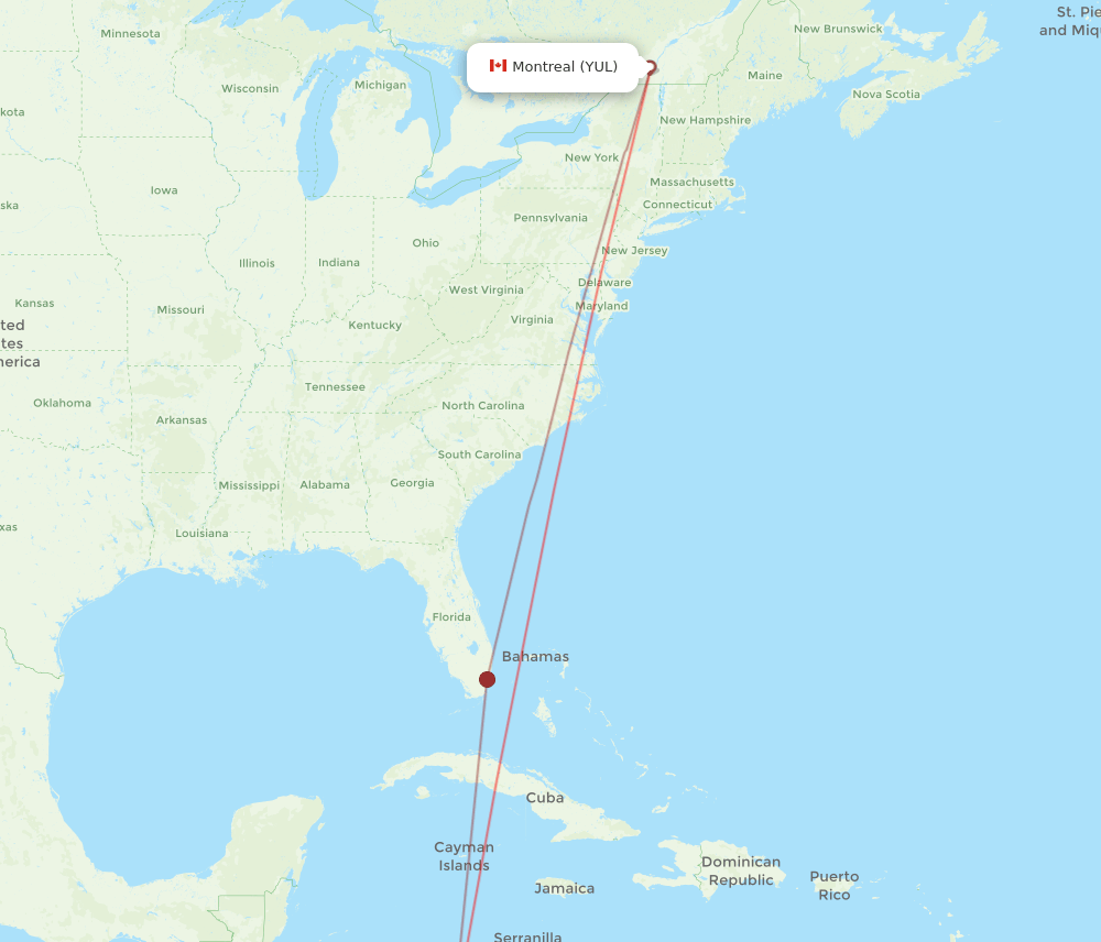 San Andres Island - Montreal route map and flight paths