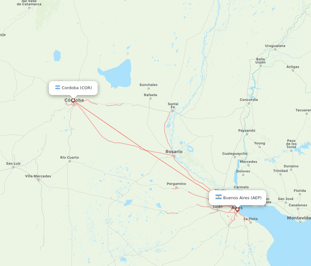 Buenos Aires - Cordoba route map and flight paths