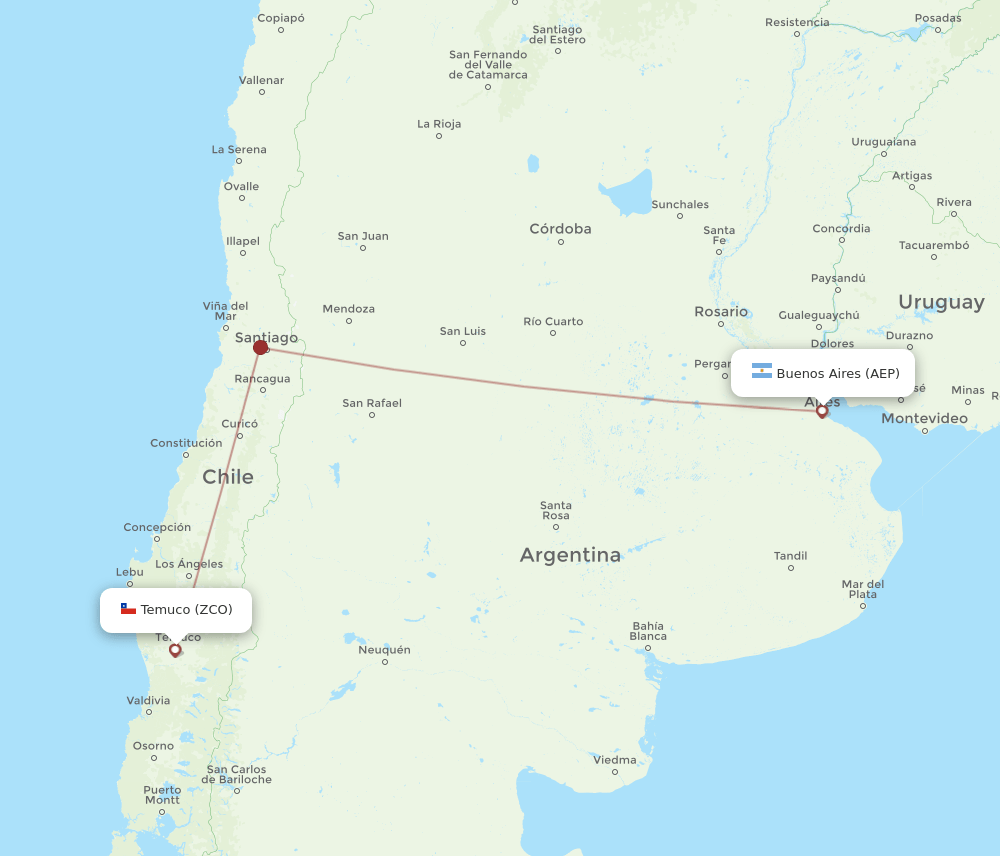 Temuco - Buenos Aires route map and flight paths