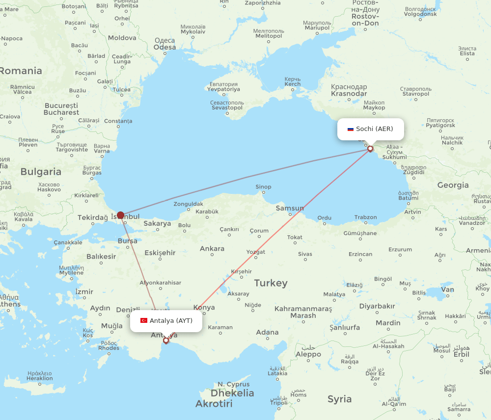 AER to AYT flights and routes map