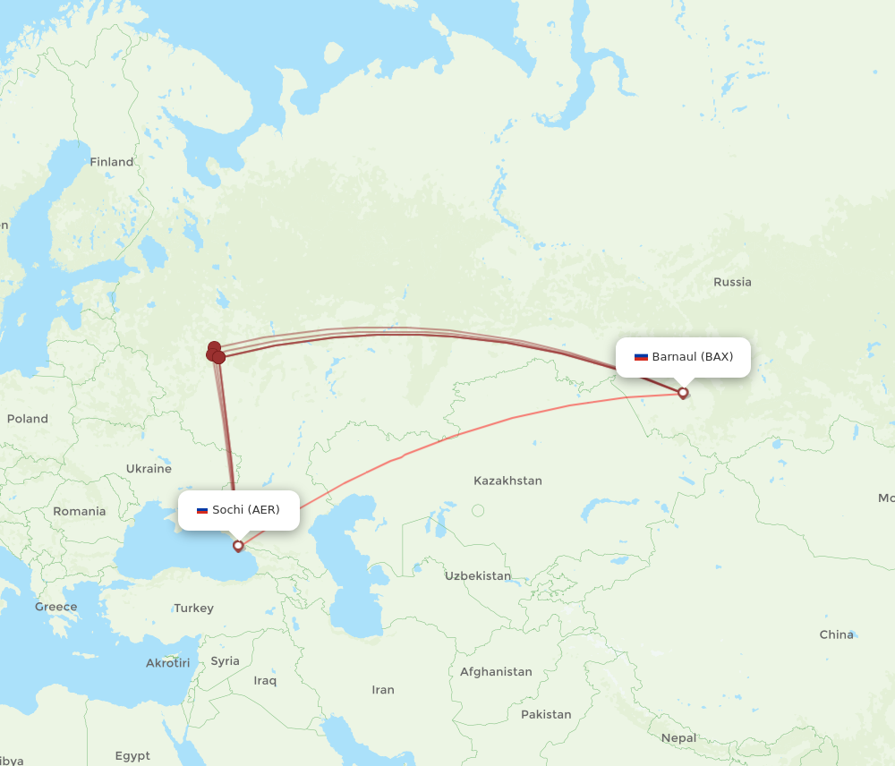 AER to BAX flights and routes map