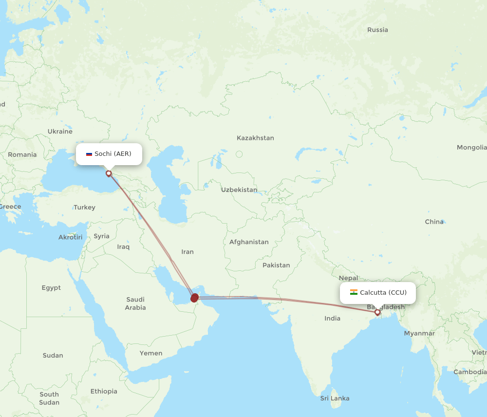 Kolkata - Adler/Sochi route map and flight paths