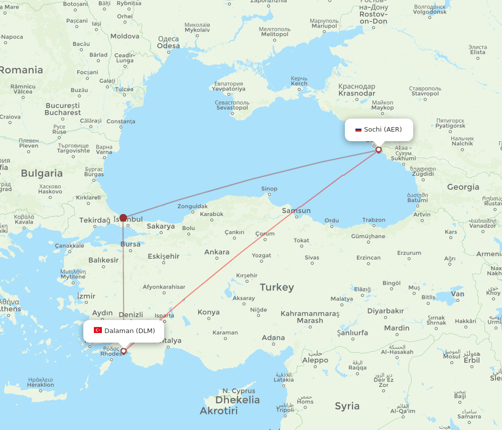 Adler/Sochi - Dalaman route map and flight paths
