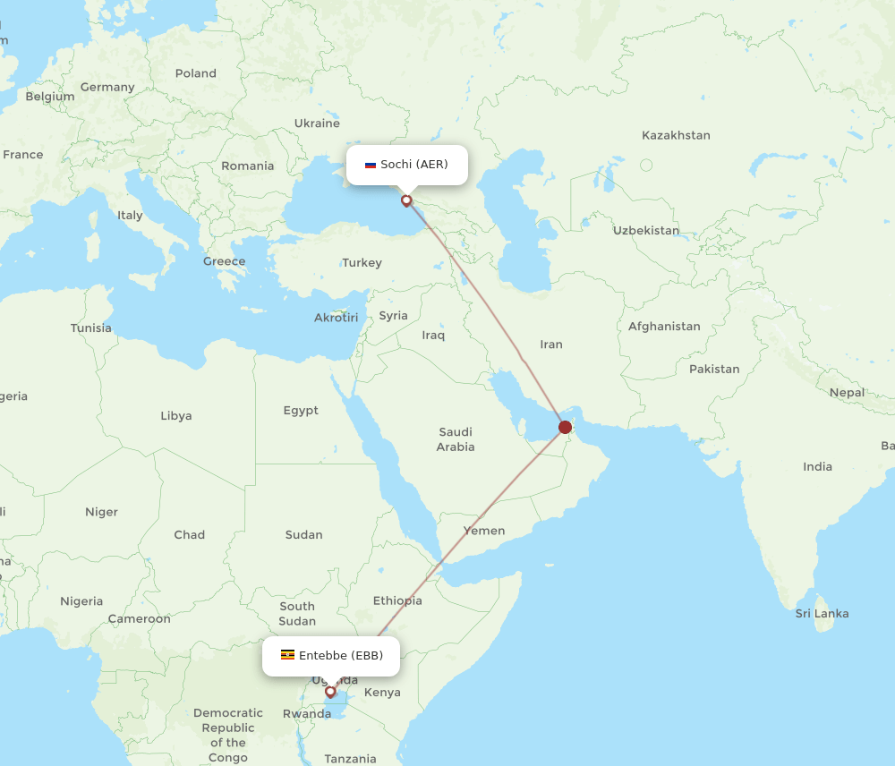 Entebbe - Adler/Sochi route map and flight paths