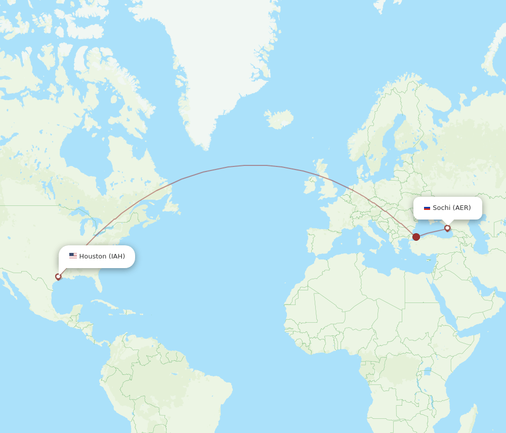 Houston - Adler/Sochi route map and flight paths