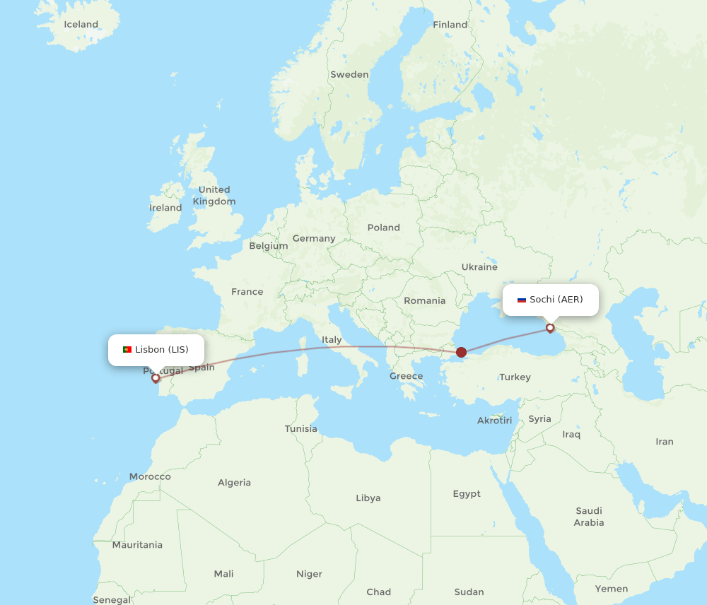 AER to LIS flights and routes map