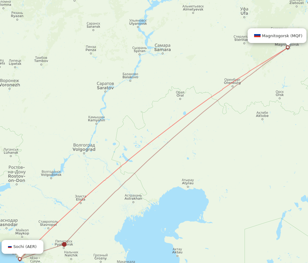 Adler/Sochi - Magnitogorsk route map and flight paths