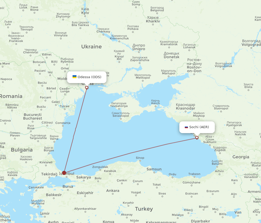 Adler/Sochi - Odessa route map and flight paths