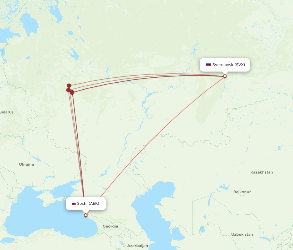AER to SVX flights and routes map