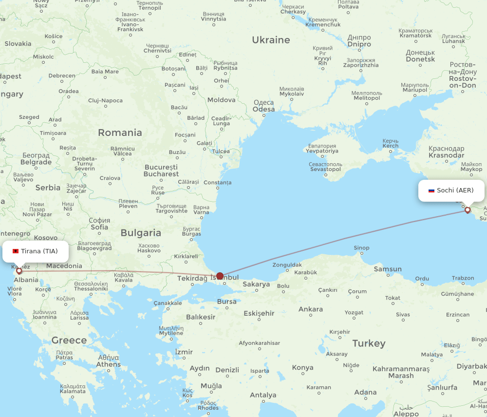 Tirana - Adler/Sochi route map and flight paths