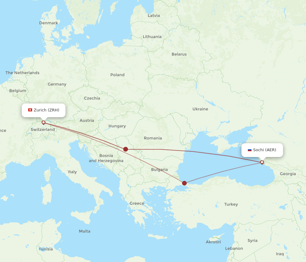 Zurich - Adler/Sochi route map and flight paths