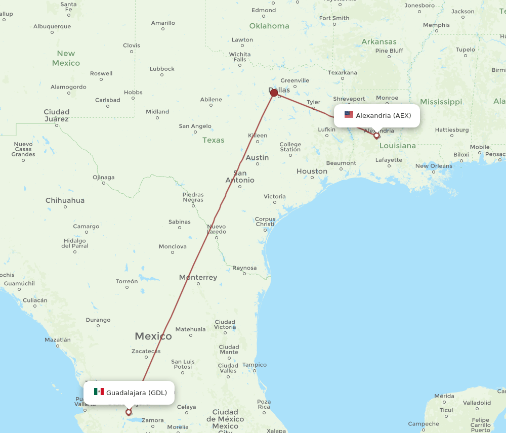 AEX-GDL flight routes