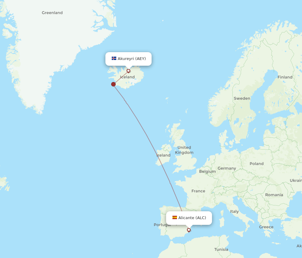 Alicante - Akureyri route map and flight paths