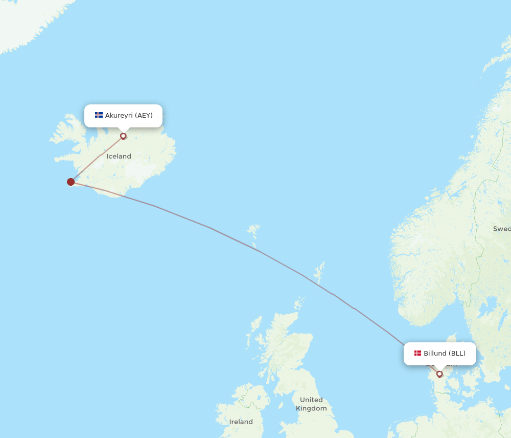 Billund - Akureyri route map and flight paths