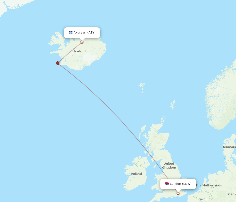 AEY to LGW flights and routes map