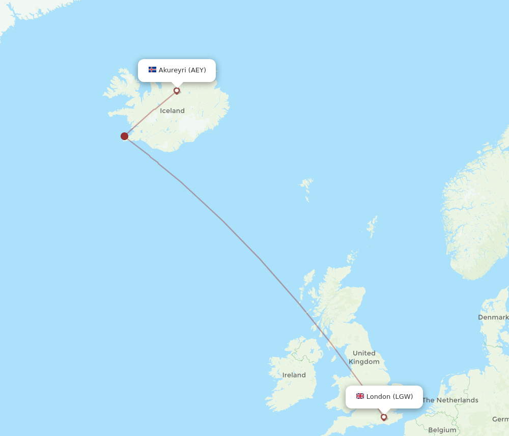 Akureyri - London route map and flight paths