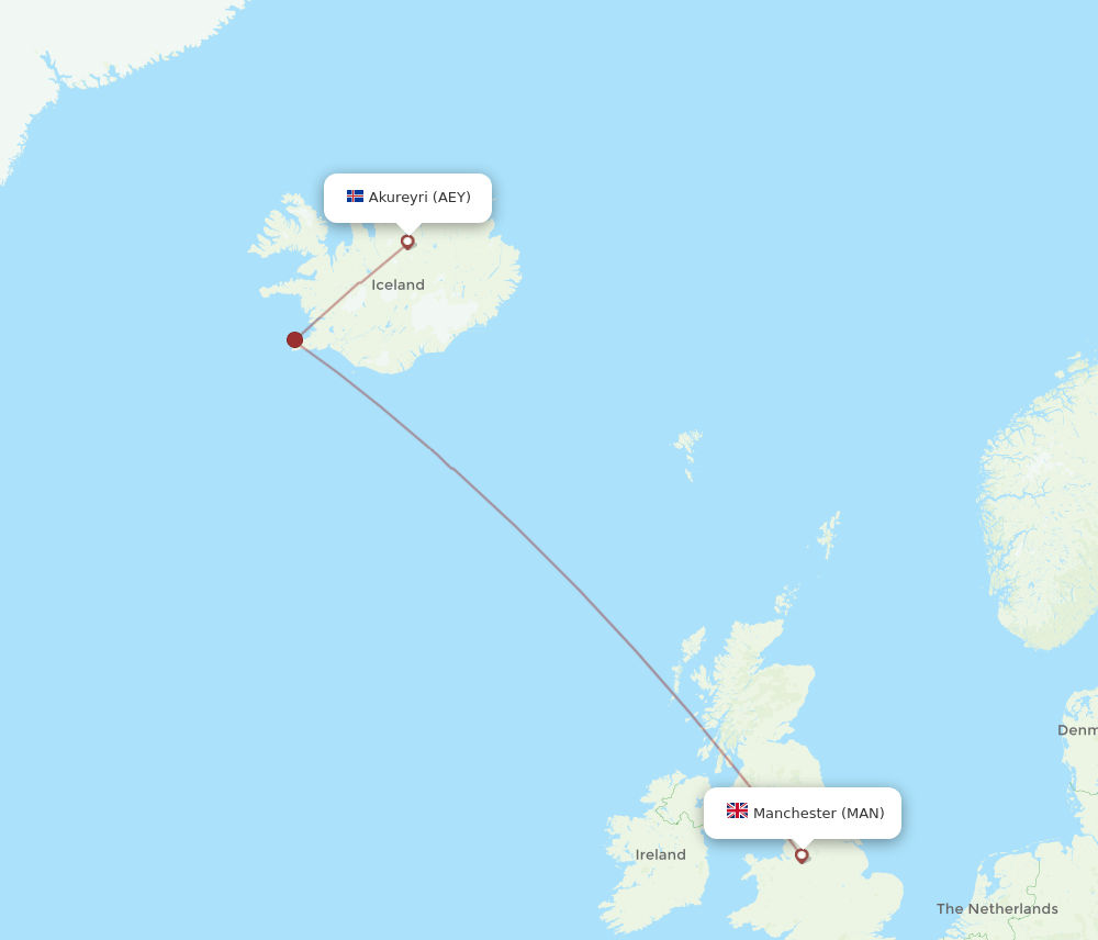 Akureyri - Manchester route map and flight paths
