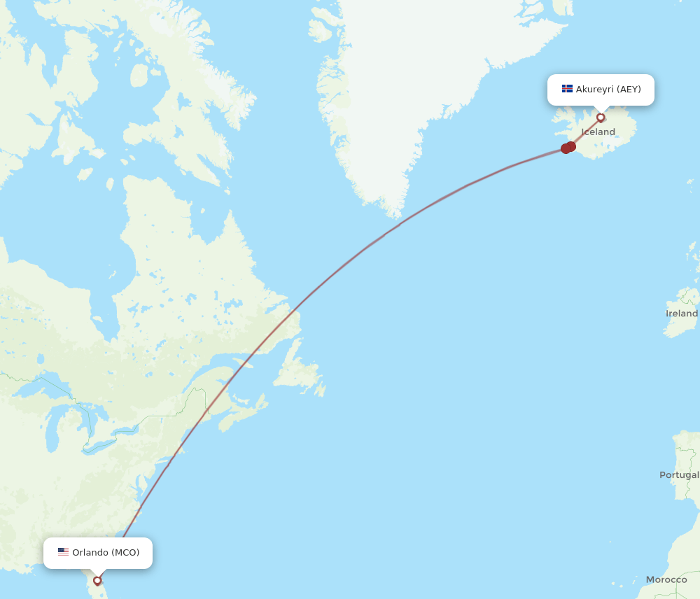 AEY to MCO flights and routes map