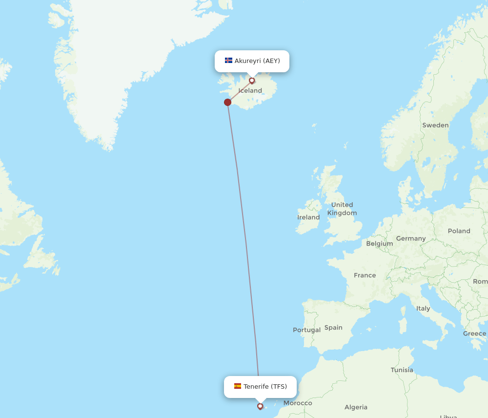 AEY to TFS flights and routes map