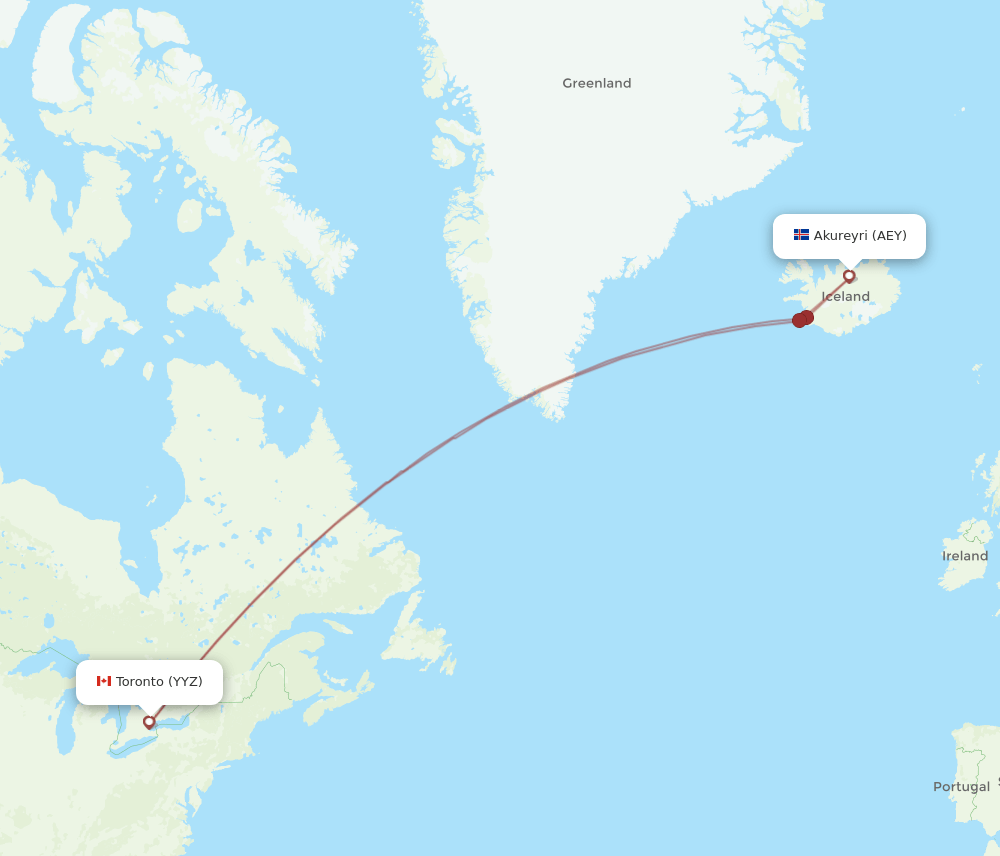 Toronto - Akureyri route map and flight paths