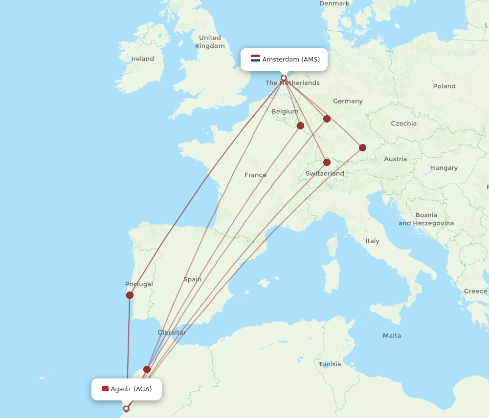 AGA to AMS flights and routes map