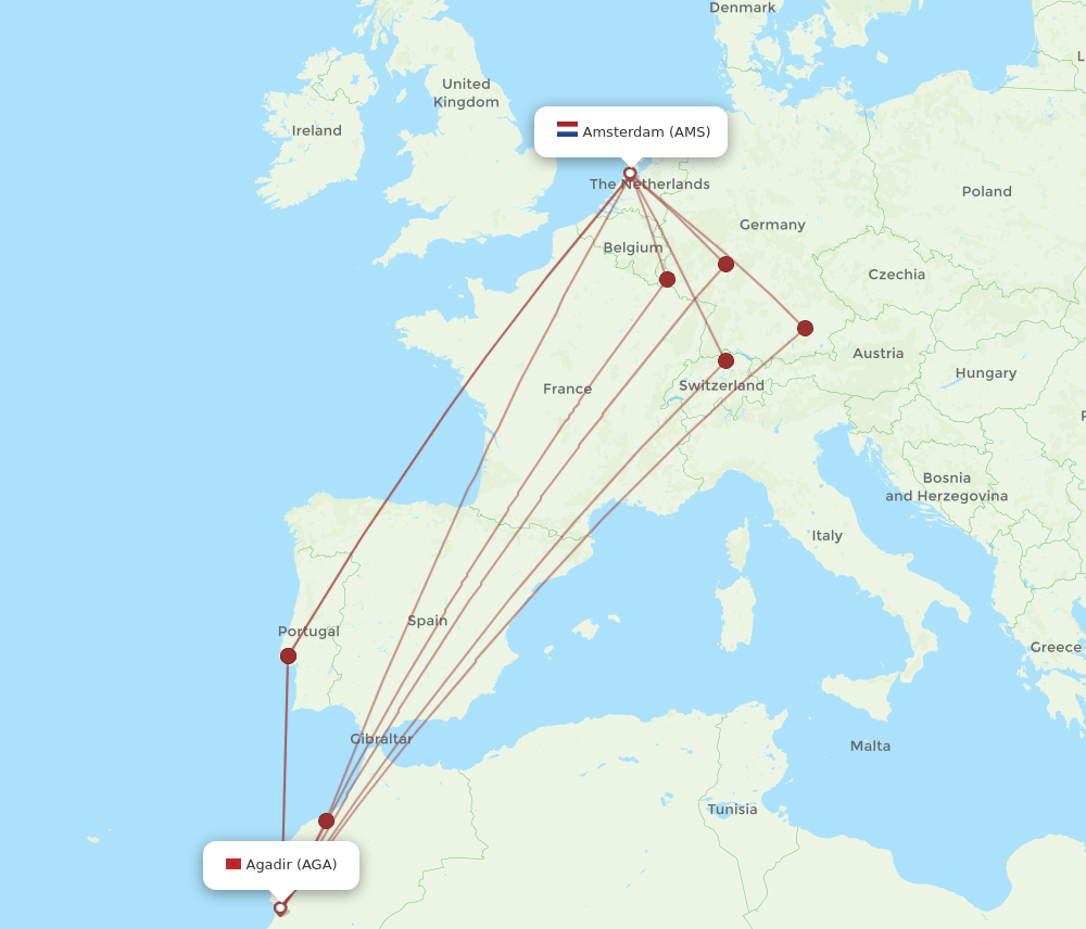 AGA-AMS flight routes