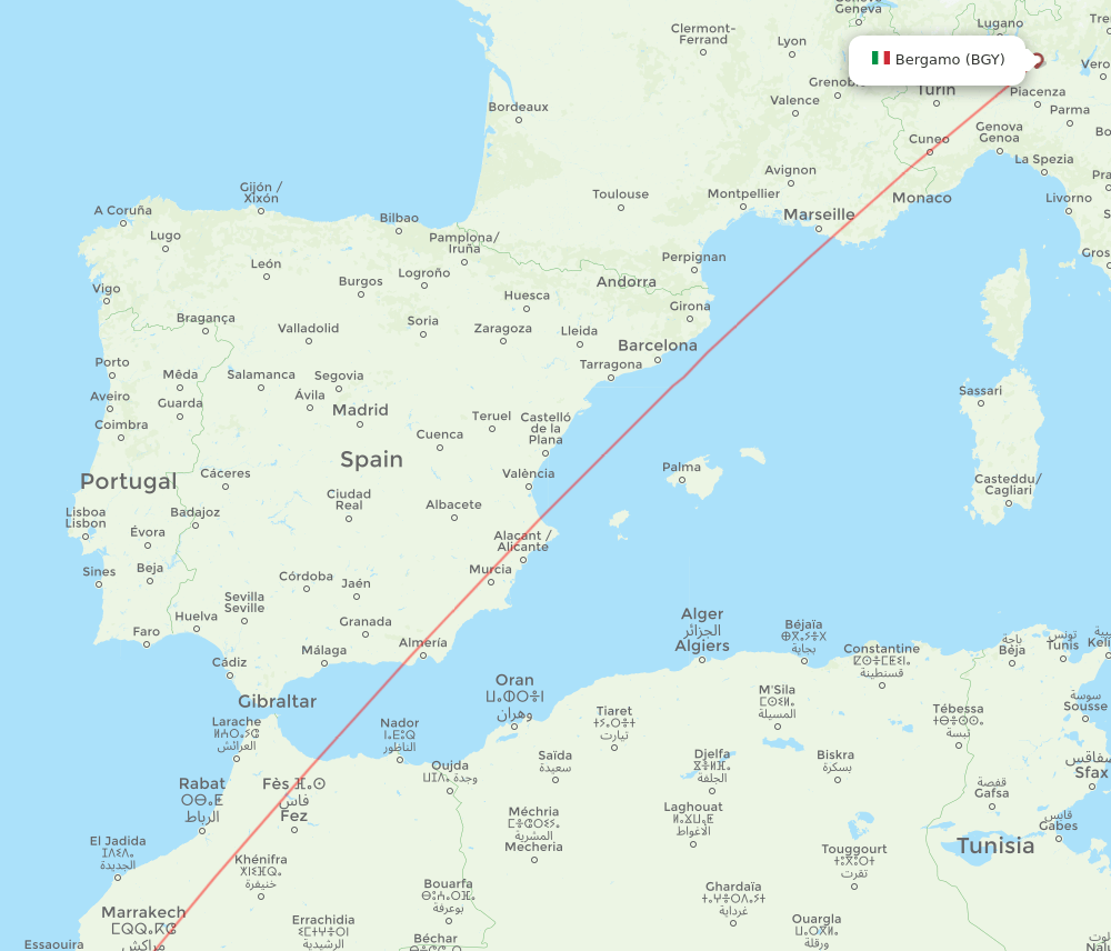 Agadir - Milan route map and flight paths