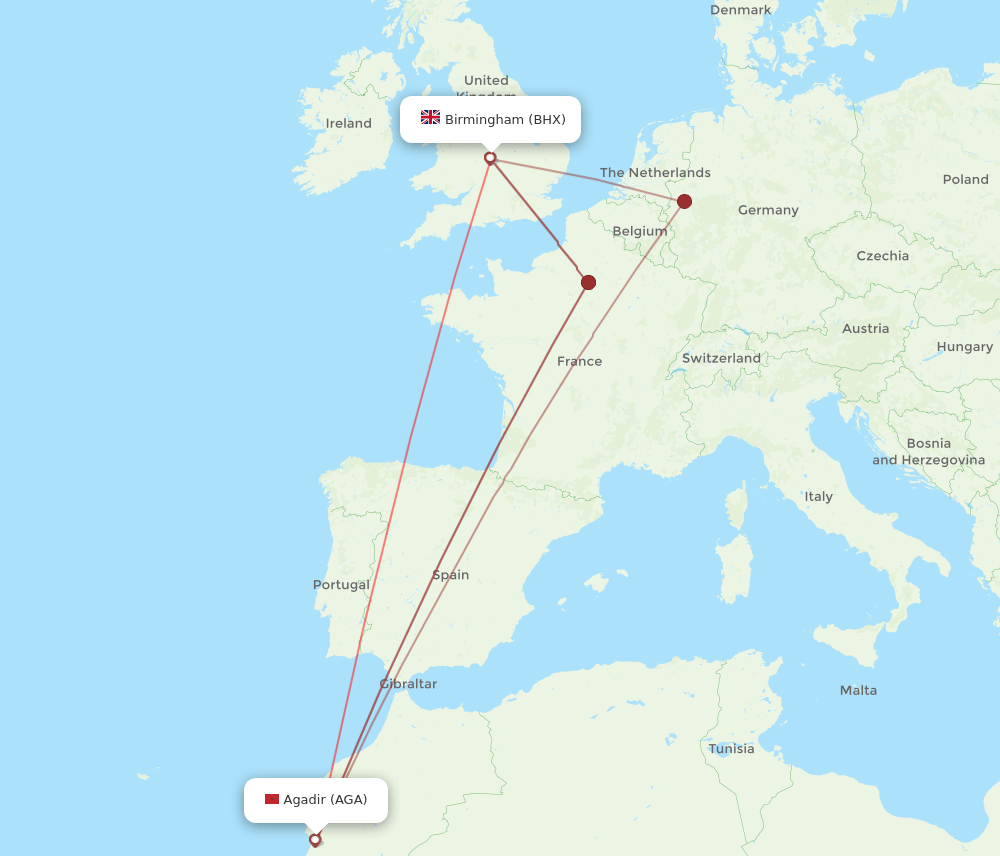 AGA to BHX flights and routes map