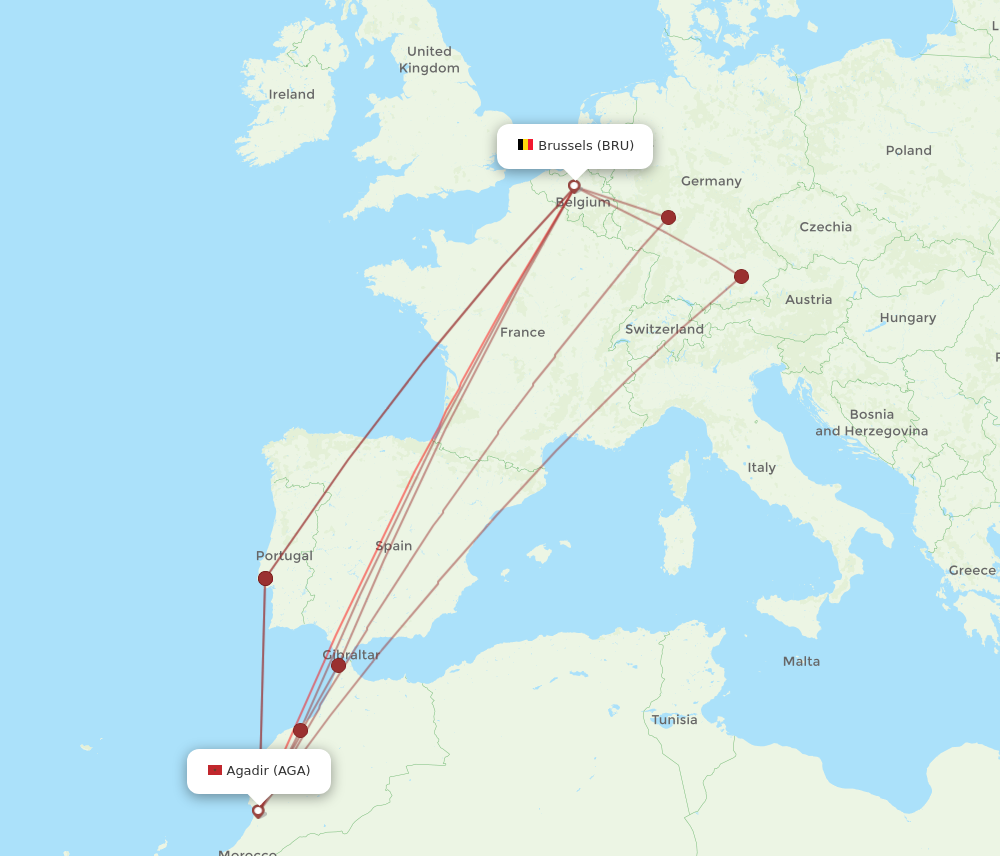 AGA to BRU flights and routes map